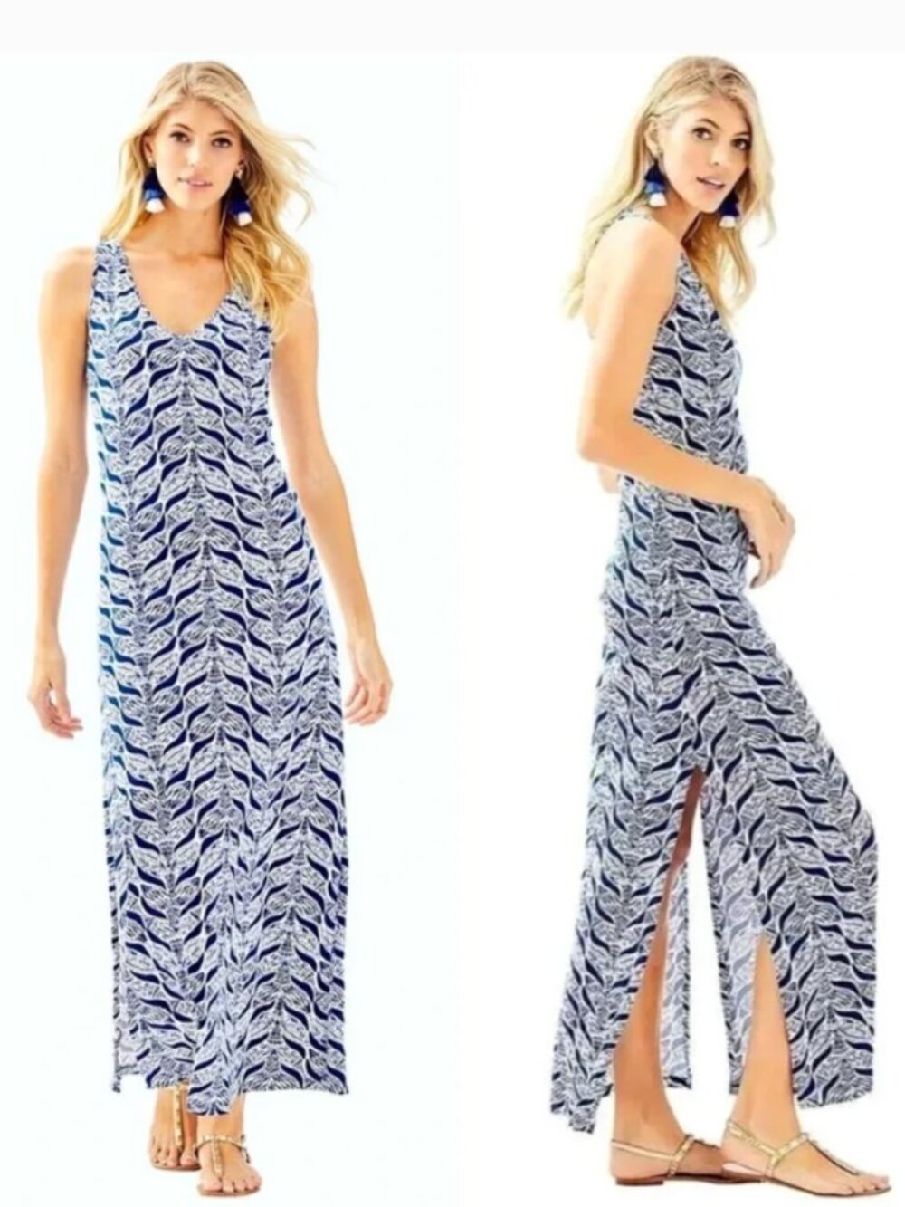 EUC Lilly Pulitzer Kerri Maxi Dress Mermaids Tail Pima Cotton Slits Women's L